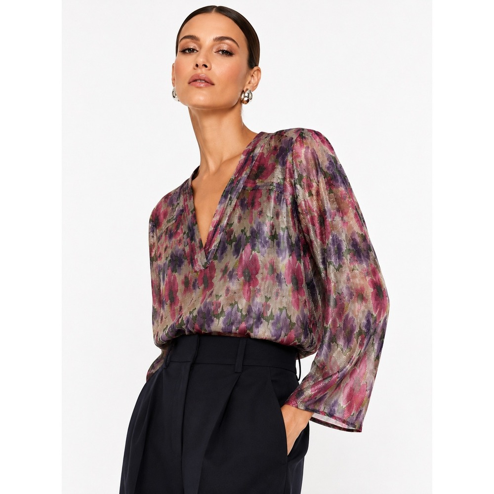 Les Serein Womens XL Floral Metallic Mesh V-Neck Lined Blouse Top NWT